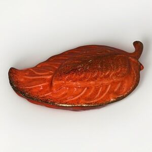 Orange USA Pottery Leaf Dish, Leaf Shaped Bowl Planter, Marked 2220 B USA W/ Lid
